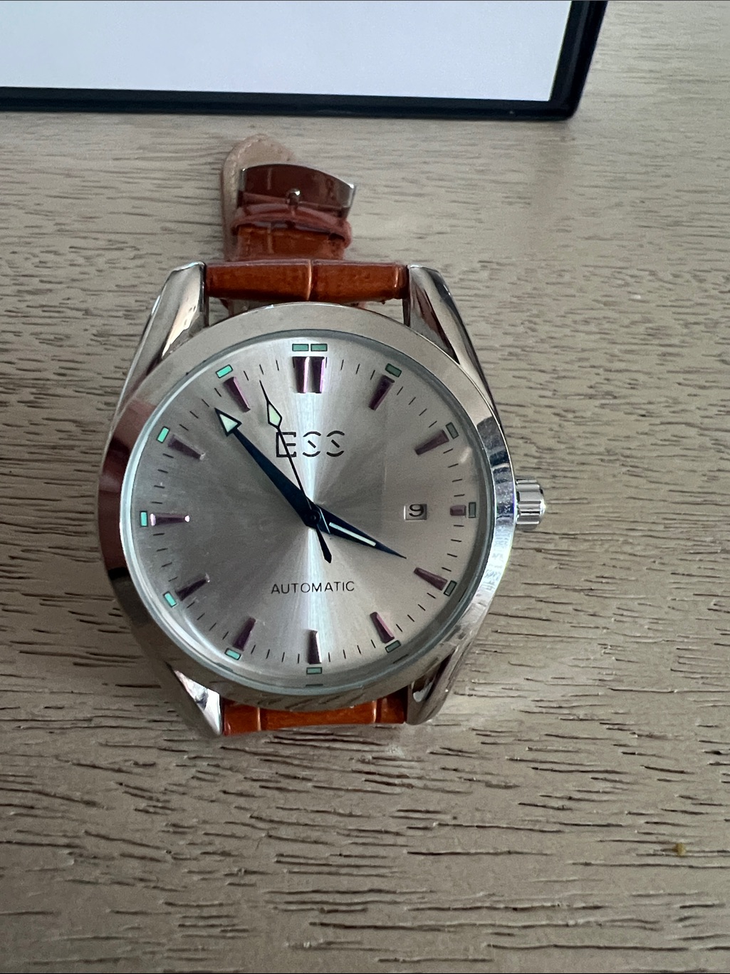 Automatic Ess Silver Dial Watch With Brown Leather Strap